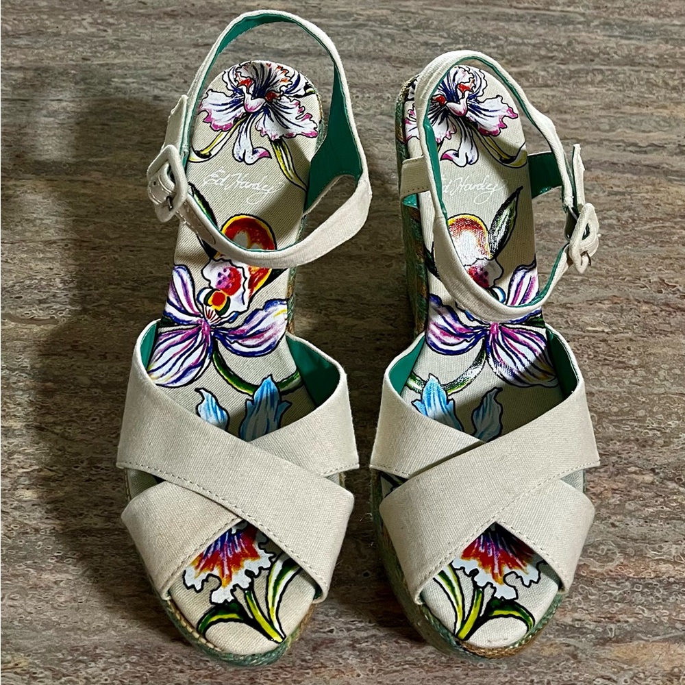Ed Hardy Women's Cream Open Toe Wedge Strapped Sandals